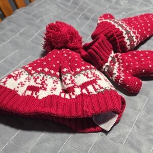 Cute And  Festive Red Knit Hat and Mittens Set
